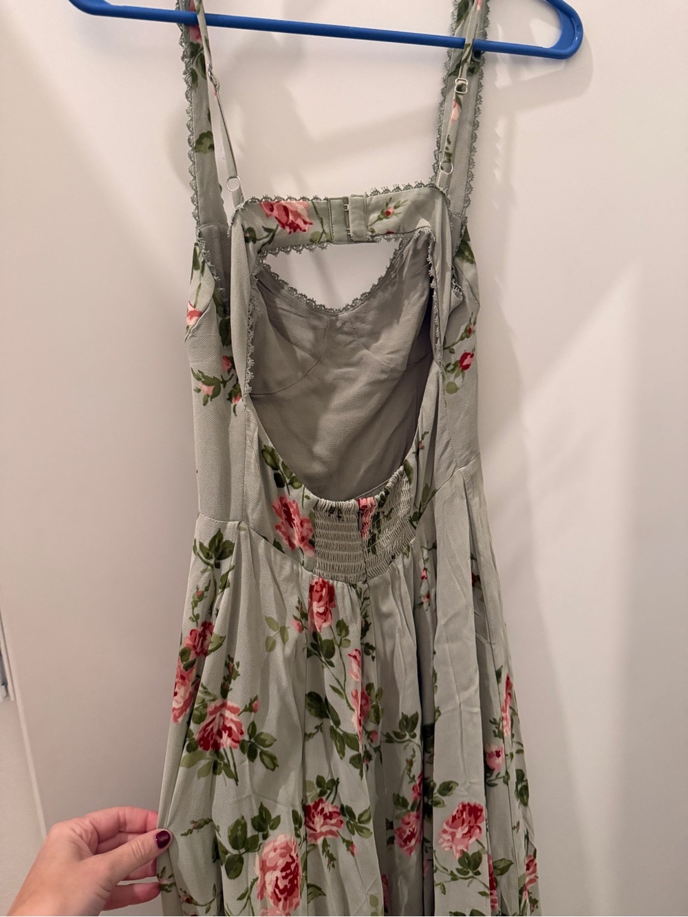 Reformation Sage Green Midi Dress with Pink Rose Print